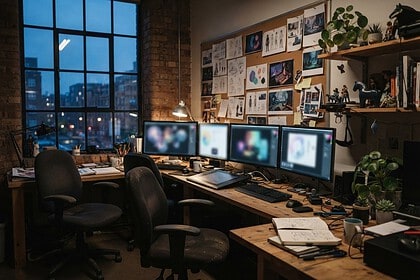 Bureau d'un petit studio de jeu vidéo au crépuscule, chaises vides devant quatre écrans et un mur de croquis