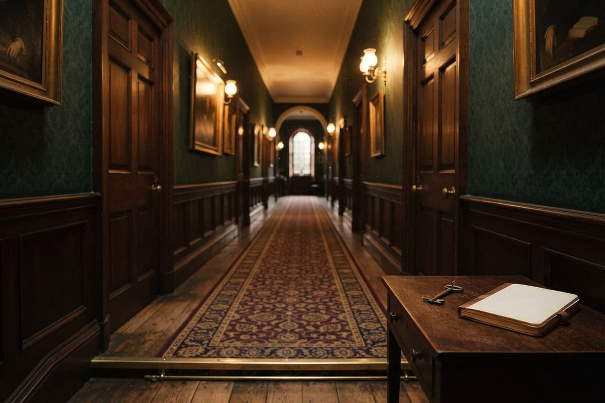 Couloir de manoir ancien bordé de portes closes, avec une clé et un carnet posés sur une console