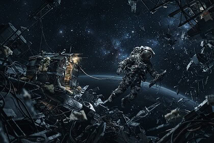 Un astronaute en combinaison usée dérive parmi des débris métalliques près d'un abri de fortune, la Terre en contrebas