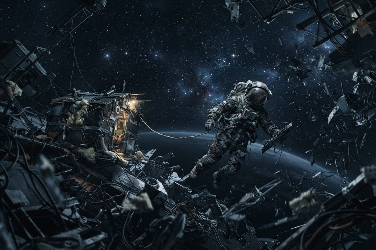 Un astronaute en combinaison usée dérive parmi des débris métalliques près d'un abri de fortune, la Terre en contrebas