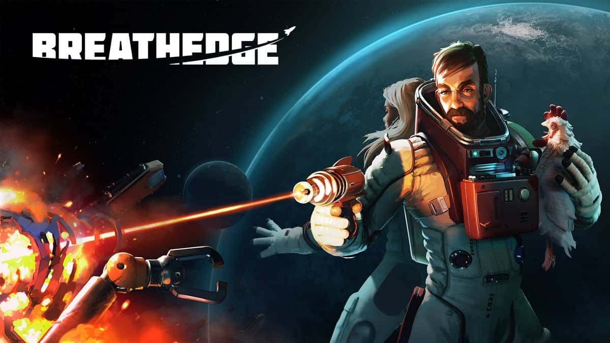 Illustration officielle de Breathedge : un astronaute au découpeur laser tient une poule sous le bras devant une planète