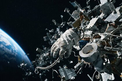 Gant d'astronaute usé et rouleau d'adhésif gris flottant parmi des débris métalliques au-dessus d'une planète bleue