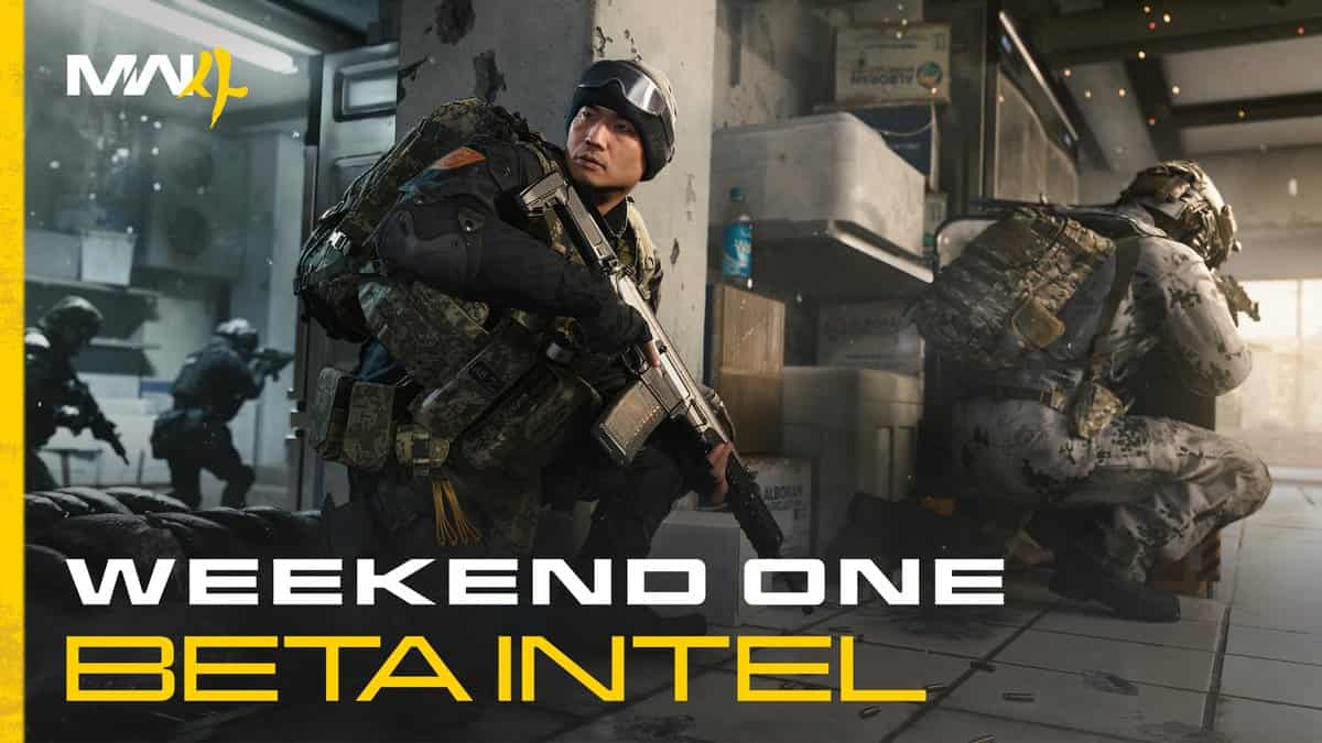 Deux opérateurs armés progressent dans un bâtiment, sous le bandeau Weekend One Beta Intel de Modern Warfare 4