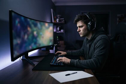 Un joueur au casque, penché sur son clavier rétroéclairé, face à un écran incurvé dans une pièce sombre