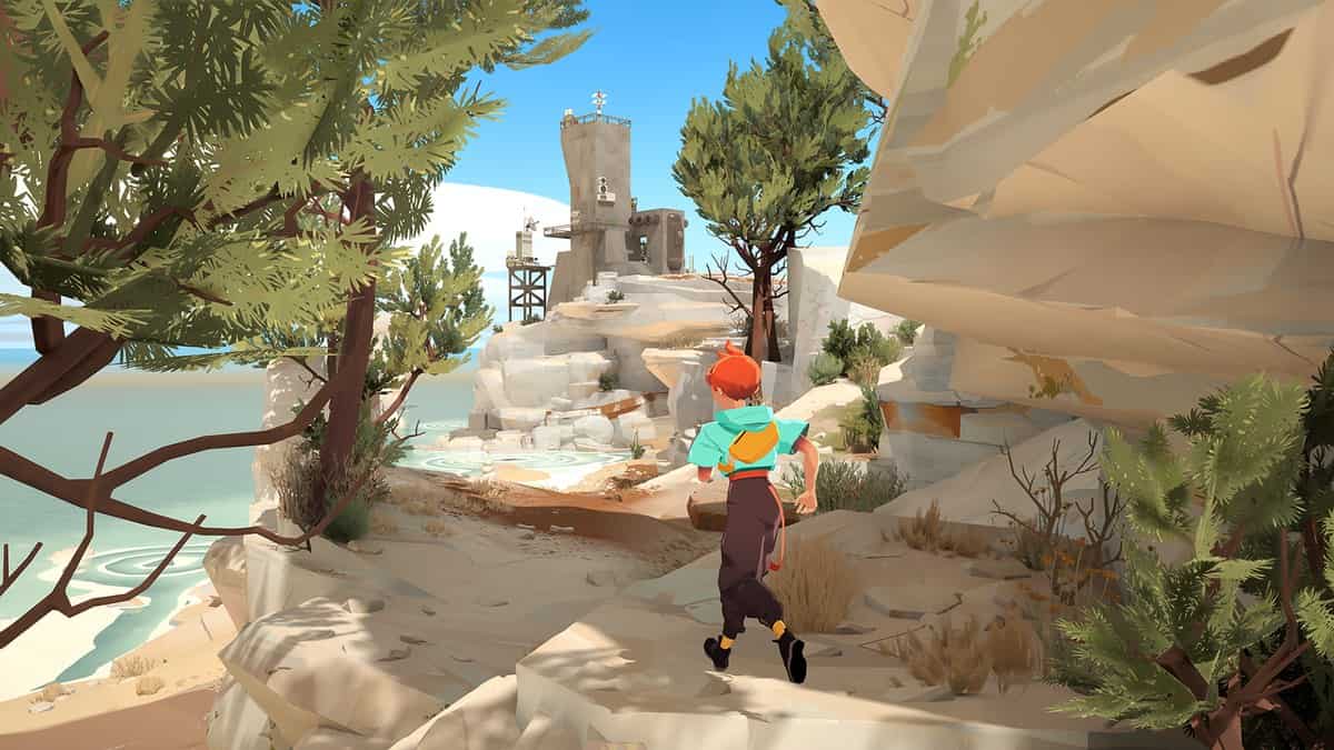 Personnage roux courant sur des rochers clairs vers une tour métallique au bord d'une mer