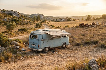 Vieux van bleu pâle garé sur une piste de terre dans un paysage méditerranéen aride au couchant