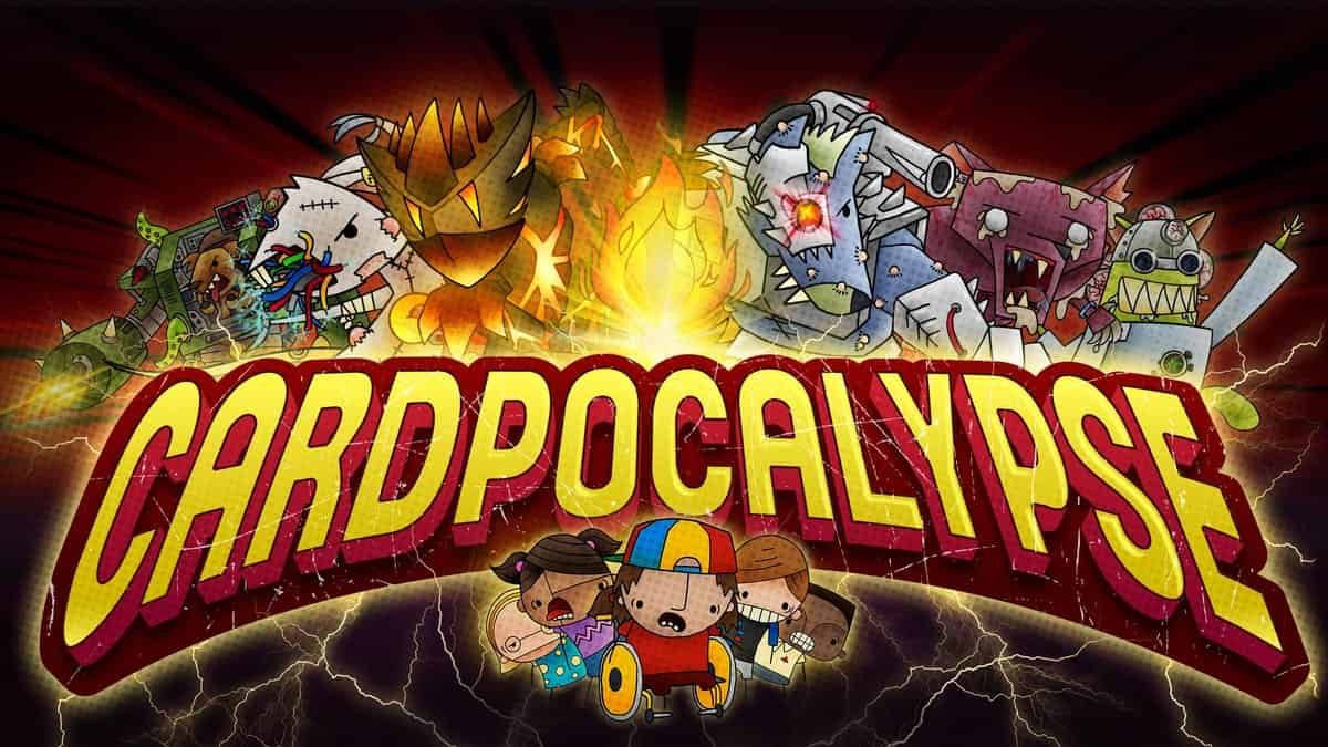 Jaquette de Cardpocalypse : quatre enfants en dessin animé face à une rangée de mutants, sous le logo du jeu