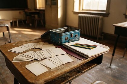 Cartes vierges étalées en éventail sur un pupitre en bois, à côté d'une boîte à goûter métallique et d'un cahier