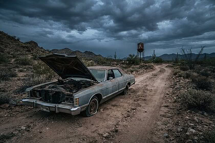 Voiture abandonnée capot ouvert sur une piste déserte au crépuscule, ciel orageux, cactus et château d'eau rouillé au loin