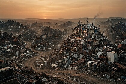 Immense décharge de machines rouillées s'étendant jusqu'à l'horizon au crépuscule, une cabane perchée sur un tas de déchets