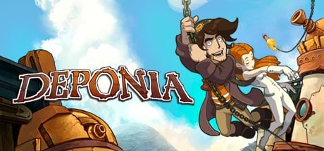 Visuel officiel de Deponia montrant Rufus et Goal suspendus à un câble