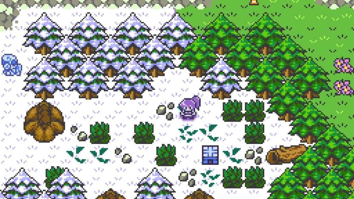 Personnage en pixel art traversant une forêt de sapins enneigés vue de dessus