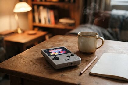 Console portable rétro grise posée sur une table en bois, à côté d'une tasse fumante et d'un carnet ouvert