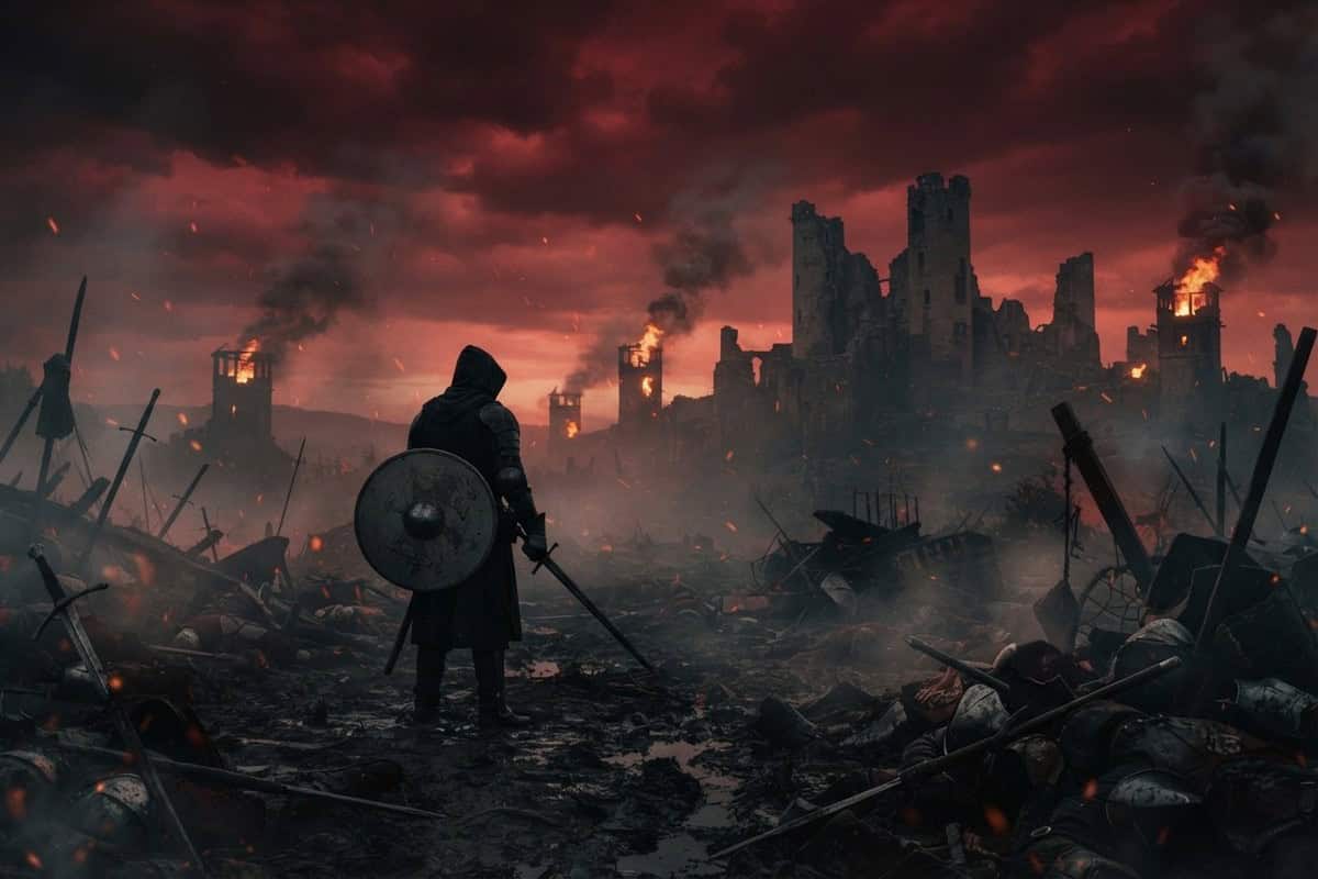 Guerrier en armure avec un bouclier rond sur un champ de bataille médiéval en ruine sous un ciel rouge