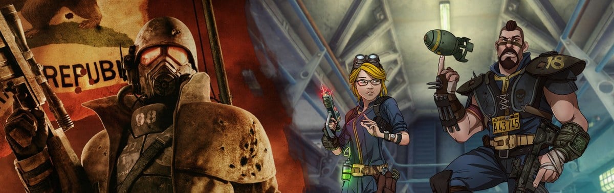 Illustration officielle de Fallout: New California avec un ranger de la RNC et deux personnages dans un abri