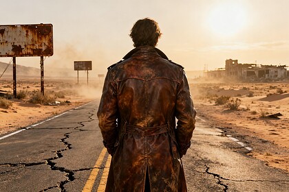 Voyageur en manteau de cuir usé, de dos sur une route fissurée d'un désert post-apocalyptique au soleil couchant