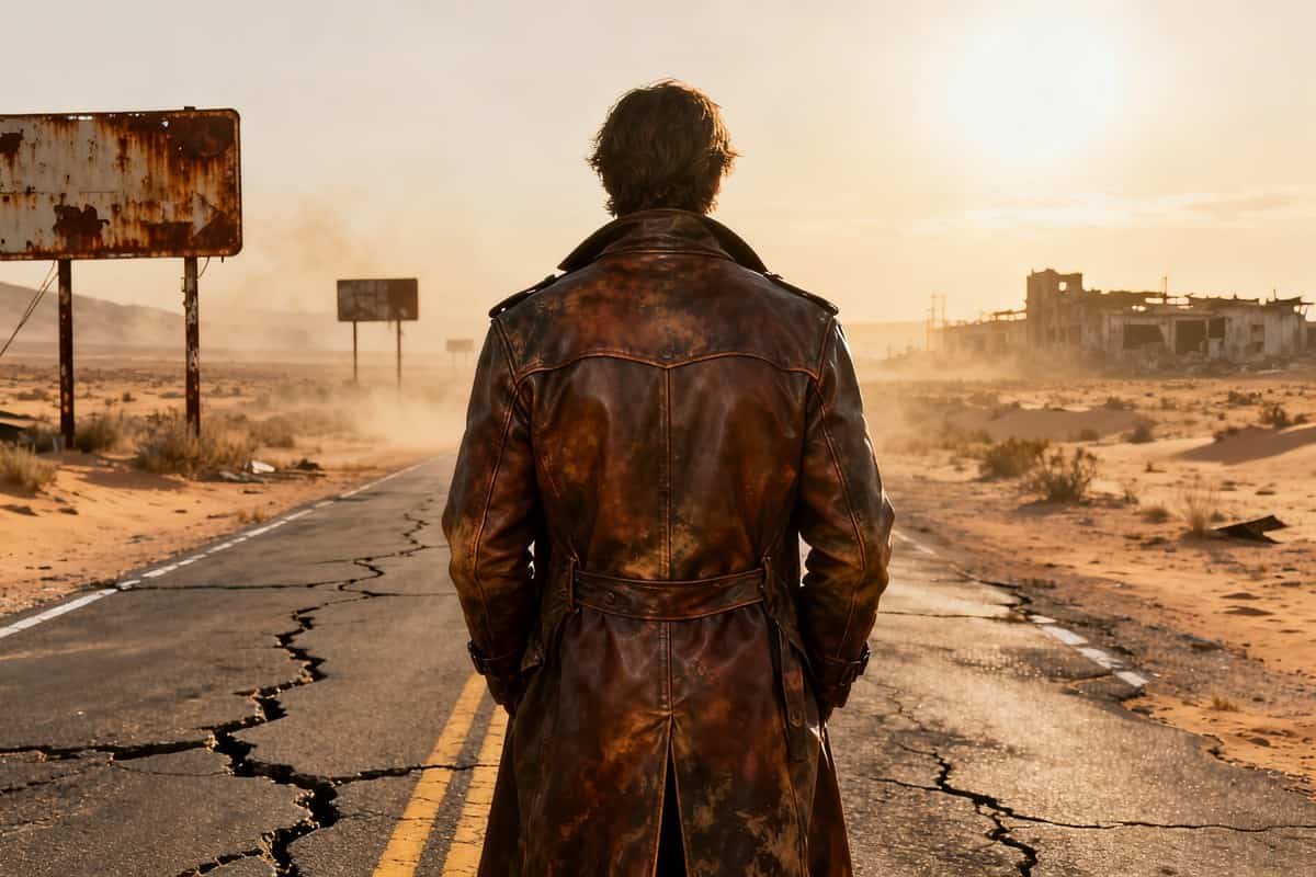 Voyageur en manteau de cuir usé, de dos sur une route fissurée d'un désert post-apocalyptique au soleil couchant