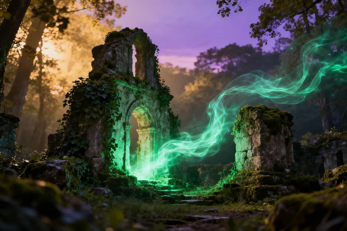 Ruines de pierre envahies par la végétation traversées par des volutes d'énergie verte dans une forêt au crépuscule
