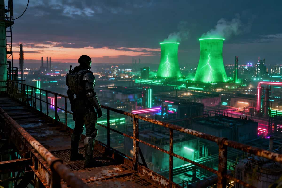 Mercenaire en armure sur une passerelle surplombant une mégalopole industrielle illuminée de néons au crépuscule