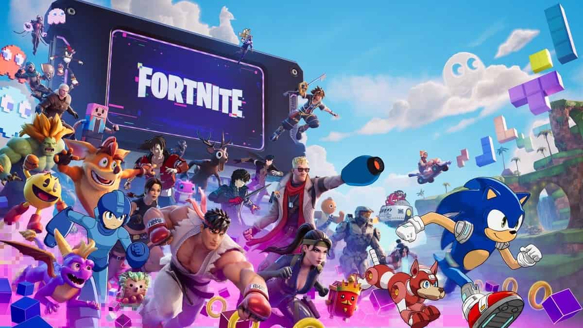 Visuel officiel de Fortnite Système hacké rassemblant Sonic, Mega Man, Pac-Man, Crash Bandicoot et Spyro