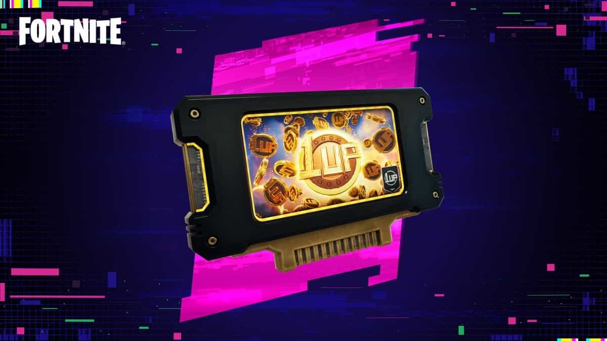 Cartouche de hackeur dorée frappée du symbole 1-Up, sur un fond violet parcouru d'effets de glitch