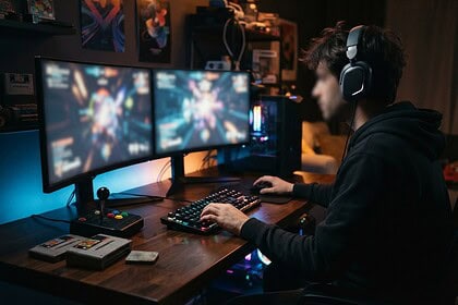 Un joueur casqué devant deux écrans PC incurvés, avec une manette d'arcade et des cartouches rétro sur le bureau