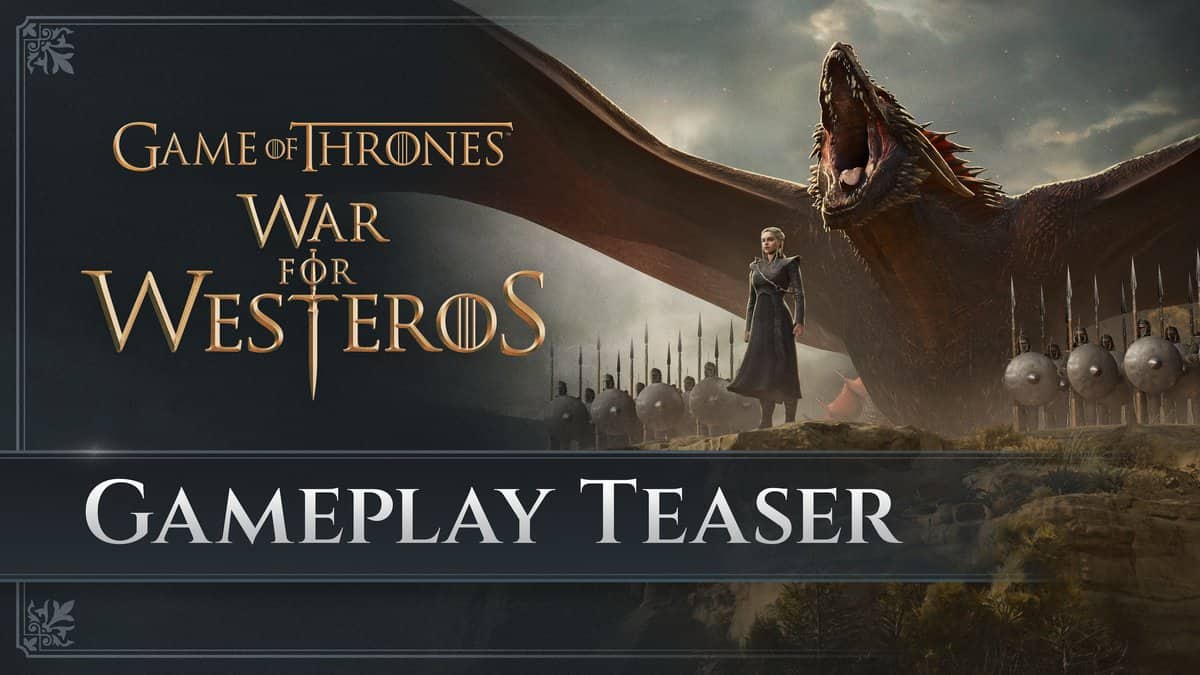 Daenerys Targaryen devant un dragon aux ailes déployées et une ligne d'Immaculés armés de lances