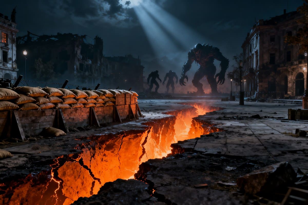 Barricades de sacs de sable face à une faille incandescente et des créatures monstrueuses dans une ville en ruines la nuit