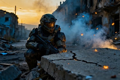 Soldat en armure accroupi derrière un bloc de béton fissuré dans une rue en ruines au crépuscule, fumée et braises