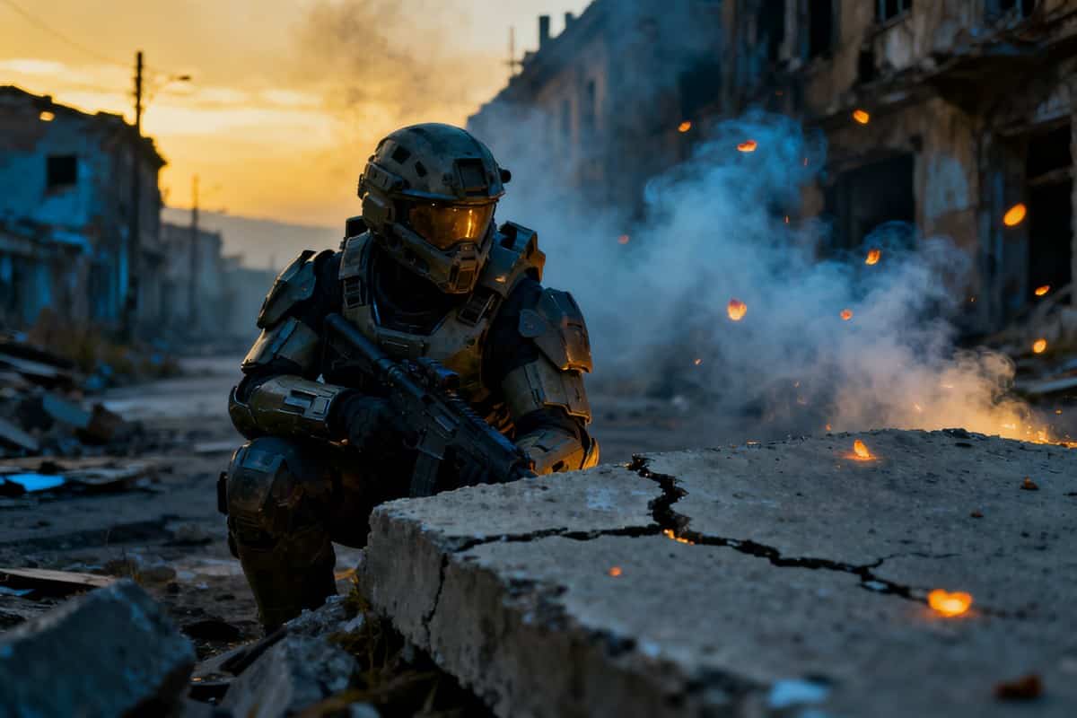 Soldat en armure accroupi derrière un bloc de béton fissuré dans une rue en ruines au crépuscule, fumée et braises