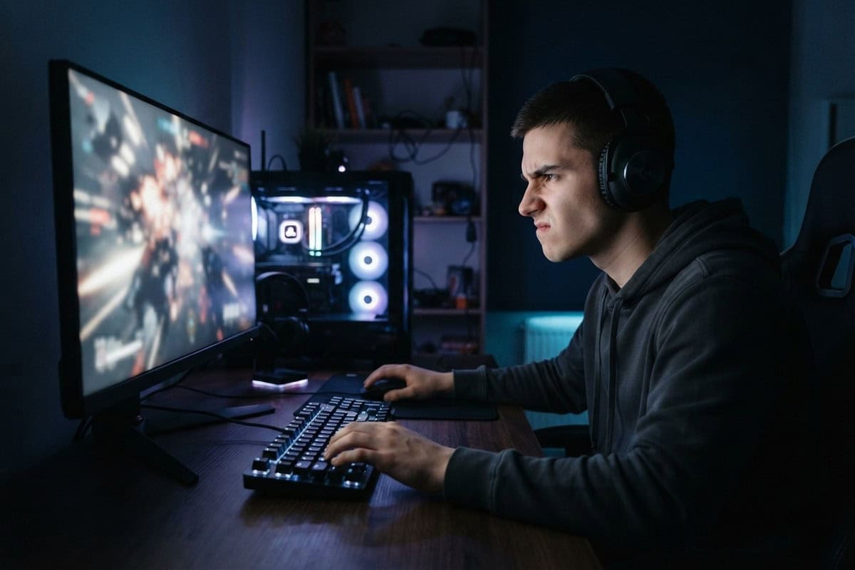 Un joueur casqué et concentré joue à un jeu d'action sur un PC dans une pièce sombre