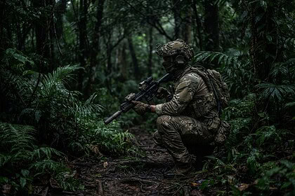 Un soldat des forces spéciales en tenue de camouflage, agenouillé avec un fusil dans une jungle dense au crépuscule