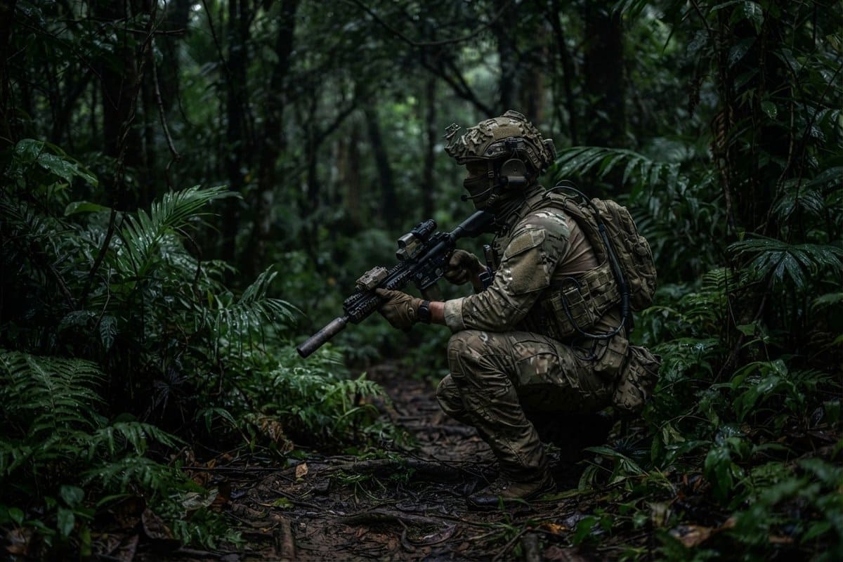 Un soldat des forces spéciales en tenue de camouflage, agenouillé avec un fusil dans une jungle dense au crépuscule