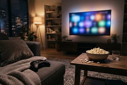 Salon moderne le soir, grand téléviseur aux couleurs floues, manette de jeu sur le canapé et bol de popcorn