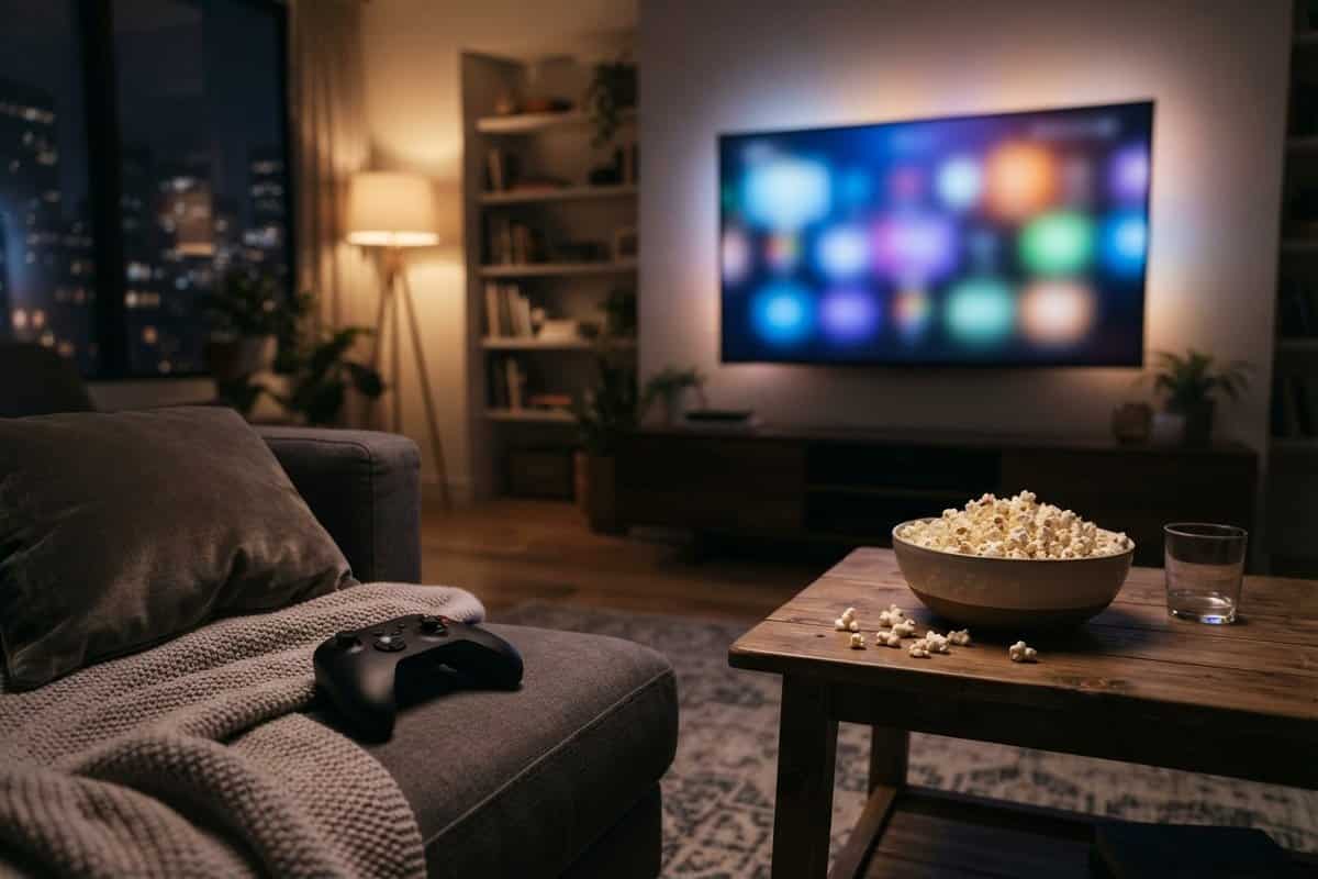 Salon moderne le soir, grand téléviseur aux couleurs floues, manette de jeu sur le canapé et bol de popcorn