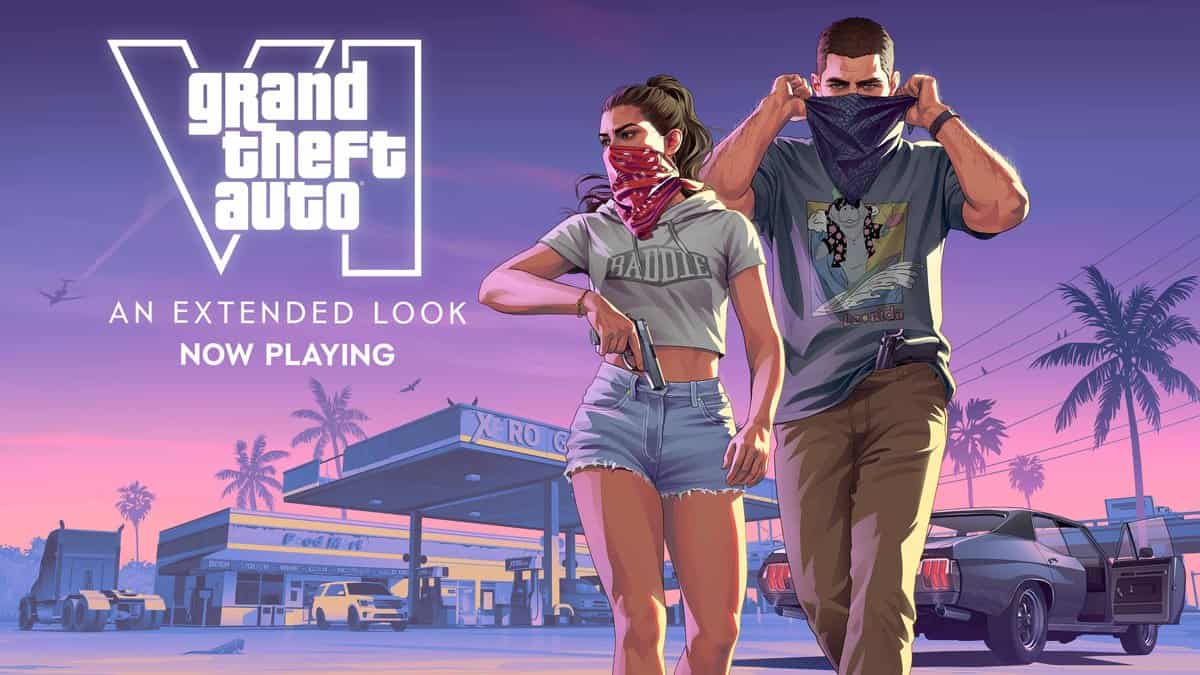 Visuel officiel de Grand Theft Auto VI : Jason et Lucia masqués devant une station-service de Vice City au crépuscule