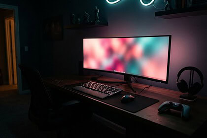 Bureau sombre avec un écran ultralarge aux couleurs floues, clavier, souris, casque et manette posée au bord du plateau