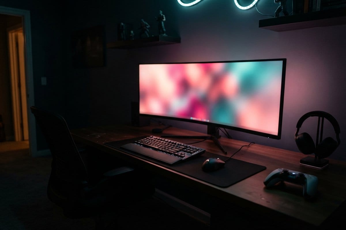 Bureau sombre avec un écran ultralarge aux couleurs floues, clavier, souris, casque et manette posée au bord du plateau