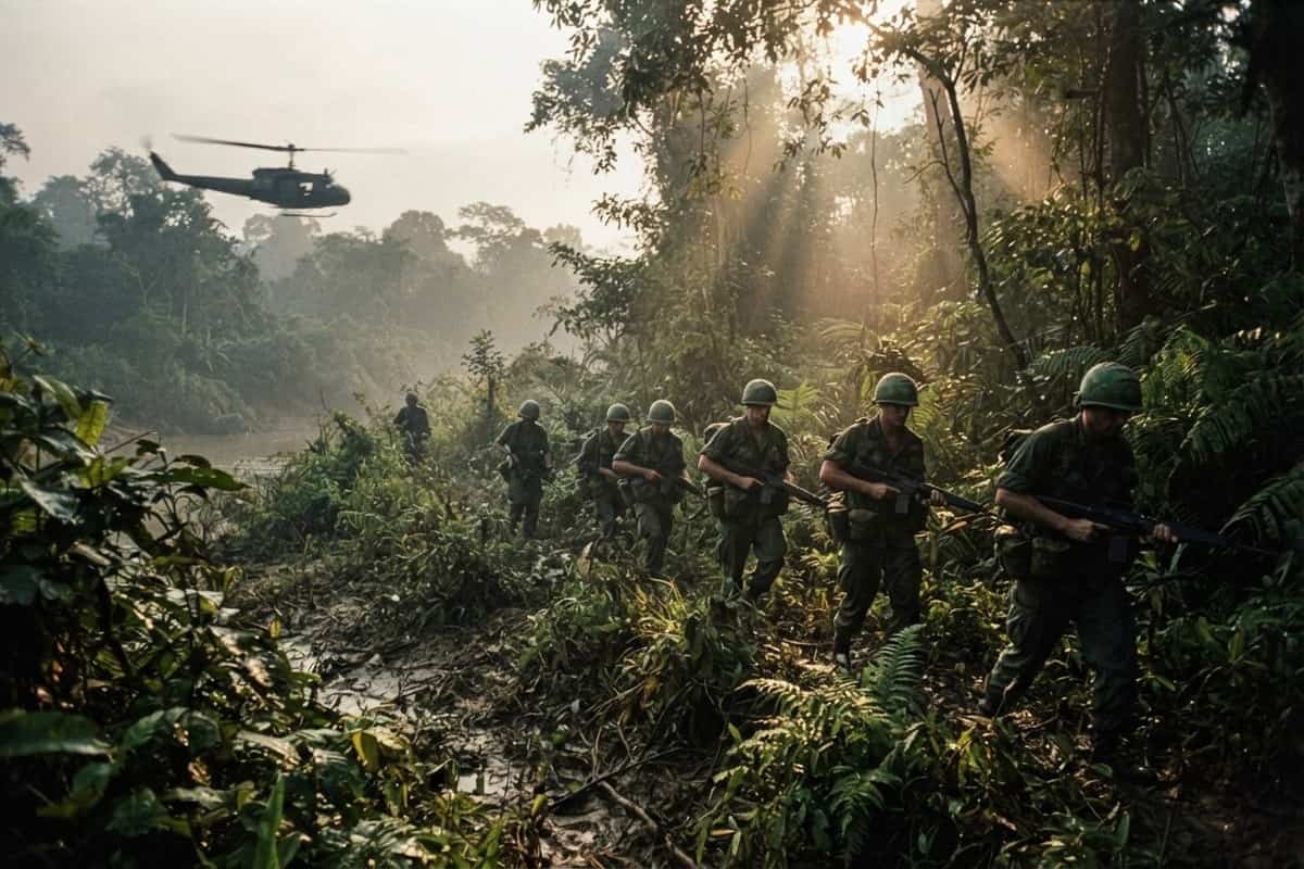 Colonne de soldats en tenue militaire progressant dans une jungle dense au petit matin sous un hélicoptère
