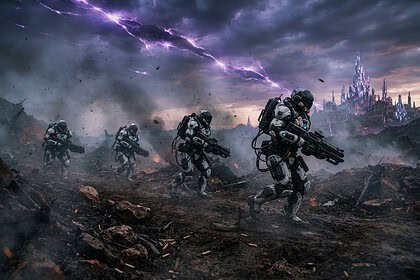 Soldats en exosquelette progressant sur un champ de bataille extraterrestre sous un ciel violet zébré d'éclairs