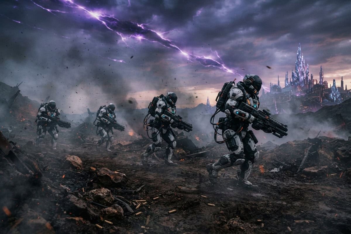 Soldats en exosquelette progressant sur un champ de bataille extraterrestre sous un ciel violet zébré d'éclairs