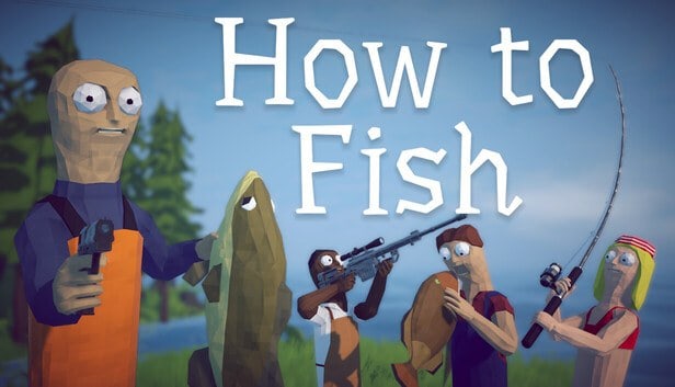 Jaquette de How to Fish : personnages low poly armés d'un pistolet, d'un fusil et d'une canne, tenant un gros poisson