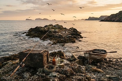 Canne à pêche appuyée sur une caisse en bois, bouteilles vides et barque échouée sur un îlot rocheux au couchant