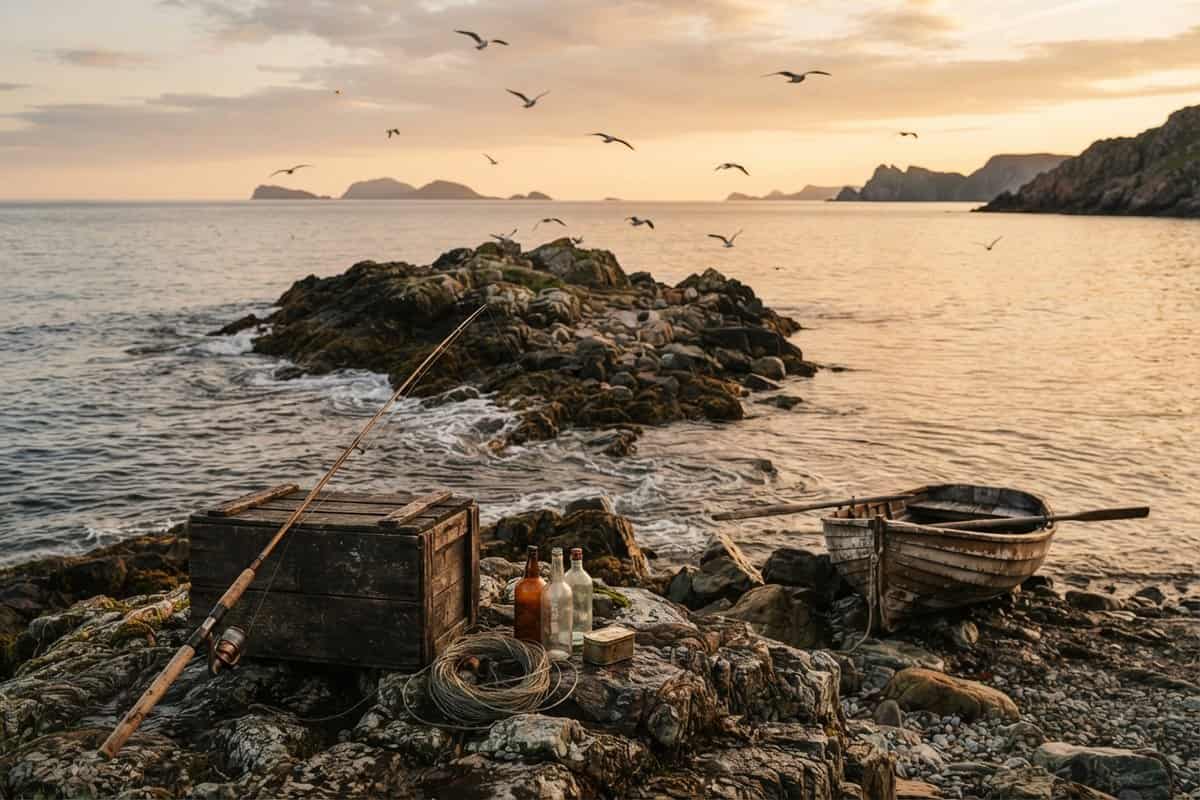Canne à pêche appuyée sur une caisse en bois, bouteilles vides et barque échouée sur un îlot rocheux au couchant