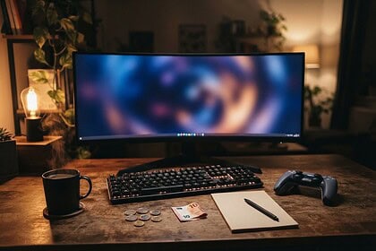 Bureau de jeu en soirée avec écran incurvé, clavier mécanique, manette, pièces et billet de dix euros