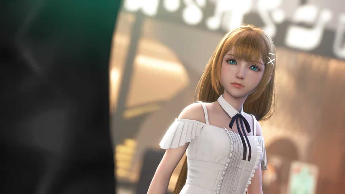 Jeune femme blonde en robe blanche dans une rue urbaine floue, capture de Kingdom Hearts IV
