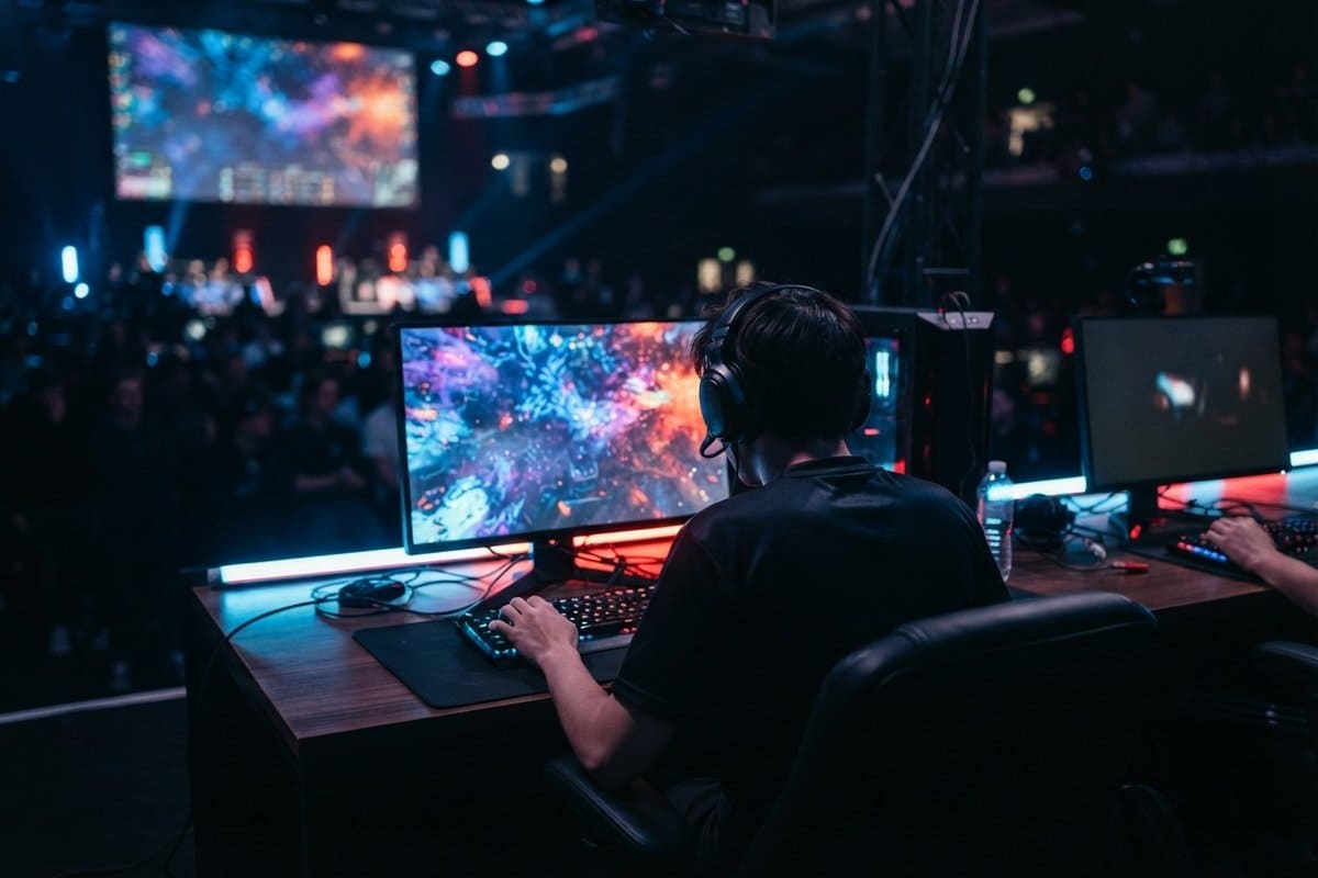 Joueur de dos concentré sur un match compétitif devant un grand écran, ambiance esport en salle