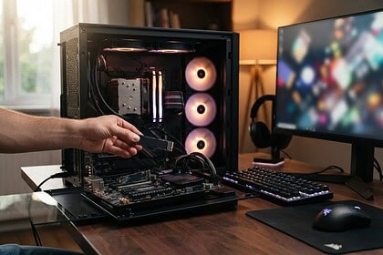 Une main insère un SSD M.2 dans un PC de jeu ouvert aux ventilateurs RGB, près d'un écran et d'un clavier gamer
