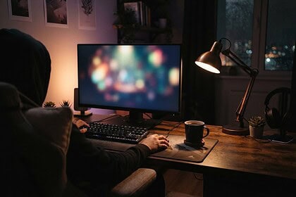 Joueur de dos à un bureau la nuit devant un écran aux couleurs floues, clavier mécanique et tasse de café