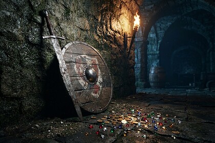 Épée et bouclier rond en bois adossés à un mur de pierre dans une cave voûtée, pièces d'or et gemmes au sol